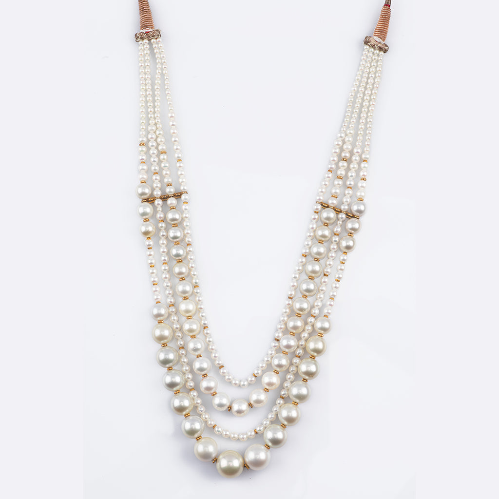 Four line Necklace of South sea pearls and cultured pearls string with gold balls STRG264