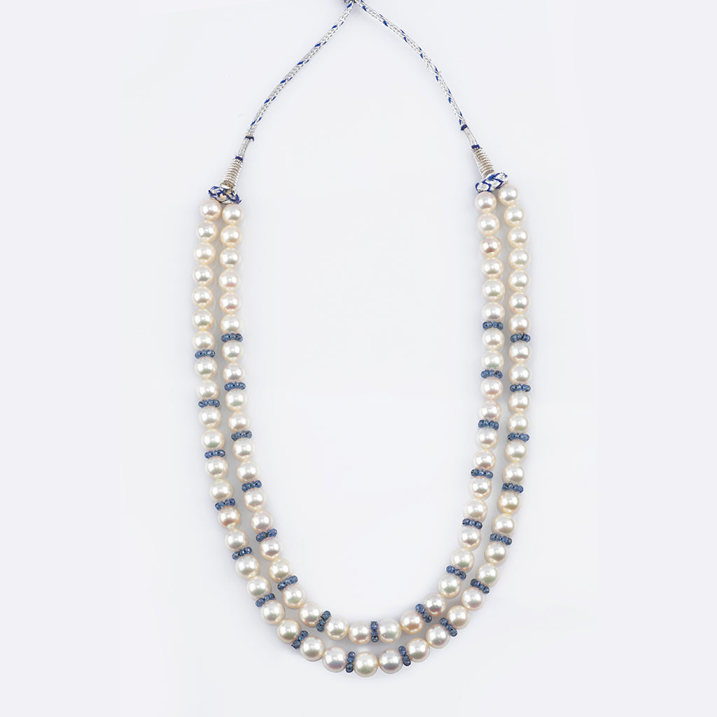 Two line necklace of South sea pearls and blue sapphire beads string STRG262