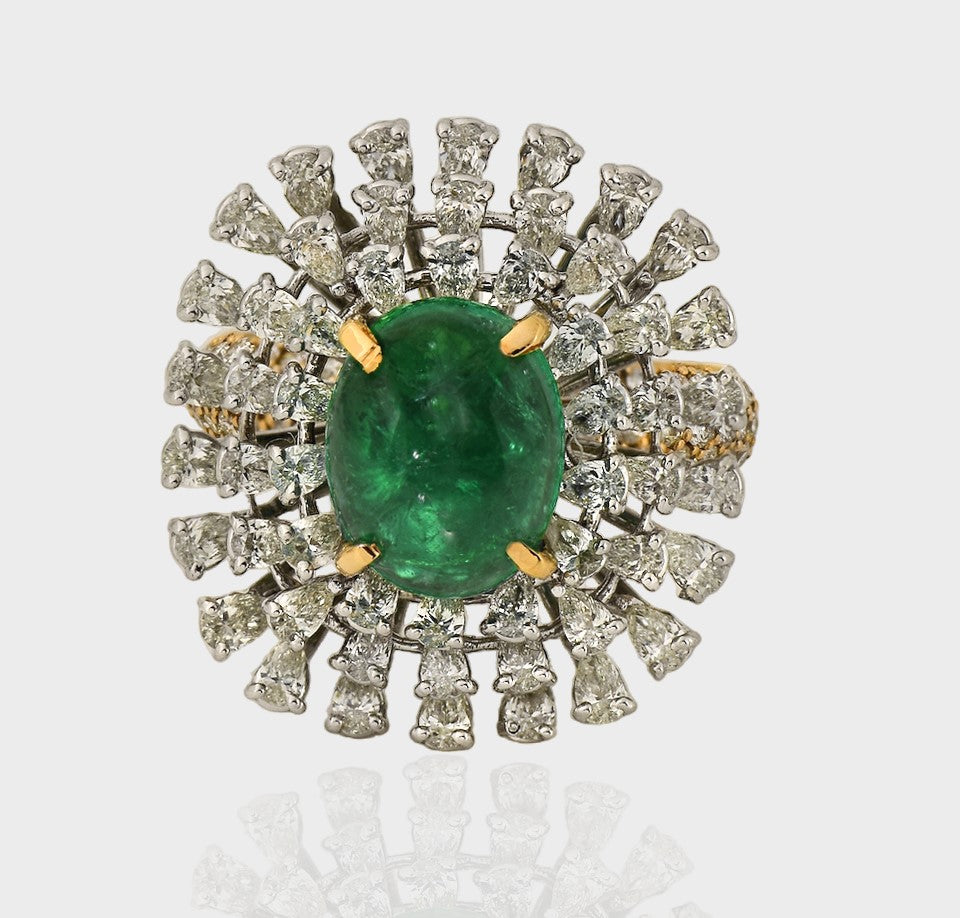 Experience unparalleled elegance with our Fine Quality Emerald Cabochons and Diamond Ring. Each exquisite detail is meticulously crafted to showcase the timeless allure of emeralds and the brilliant sparkle of diamonds.(PGDR0373)