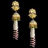 A mesmerizing fusion-style necklace and jhoomki pair adorned with diamond polki, round diamond stringing, lustrous pearls, and vibrant emerald and ruby beads - KMNE3486