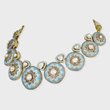 Elegant fusion-style necklace and earring pair featuring dazzling diamond polki, round diamonds, and intricate firoza and white meena detailing - KMNE3492