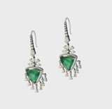 Earring pair with  exquisite triangle-shaped emeralds embraced by fancifully cut diamonds. Elevate your style with this timeless fusion of sophistication and glamour. Shop now and adorn yourself with luxury.(PGDE0288)