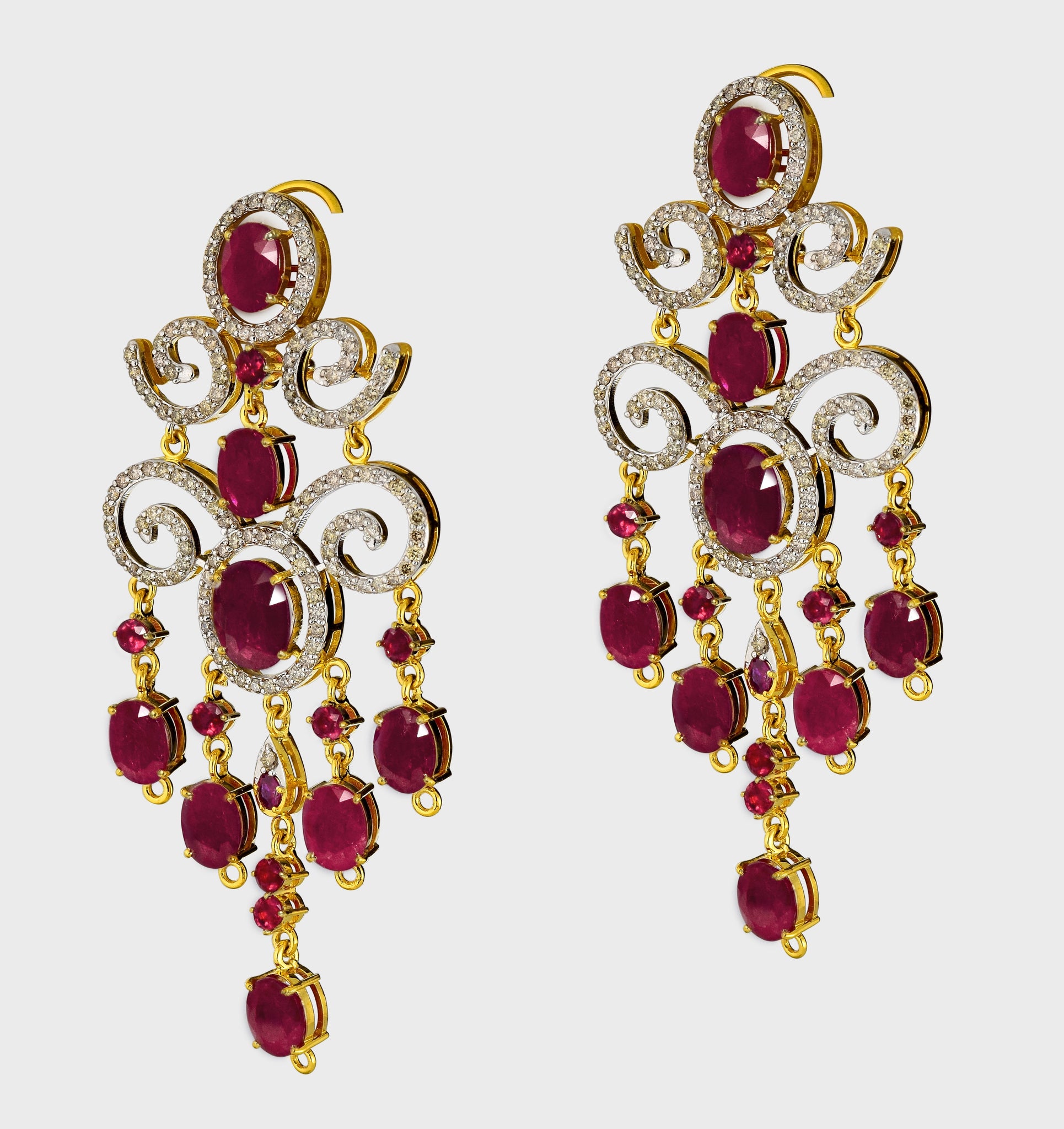 Long earring pair, adorned with lustrous round and oval rubies embraced by shimmering diamonds. Elevate every occasion with elegance and sophistication.(GDE0436)