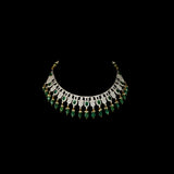 This elegant necklace set features sparkling diamonds and rich green emeralds, beautifully paired with emerald maniya stringing. A perfect blend of classic charm and modern design, ideal for weddings, parties, or special occasions. (GDNE0512)