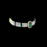 Exquisite choker necklace and tops pair for featuring a majestic central emerald, surrounded by dazzling diamonds. Adorned with rows of lustrous pearls and emerald beads, it blends traditional elegance with royal charm.(GDNE0526)