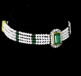 Exquisite choker necklace and tops pair for featuring a majestic central emerald, surrounded by dazzling diamonds. Adorned with rows of lustrous pearls and emerald beads, it blends traditional elegance with royal charm.(GDNE0526)