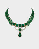 A striking necklace showcasing an octagon emerald centre framed by round diamonds, strung with emerald beads for rich colour, refined elegance, and timeless luxury. (GDNE0528)
