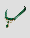 A striking necklace showcasing an octagon emerald centre framed by round diamonds, strung with emerald beads for rich colour, refined elegance, and timeless luxury. (GDNE0528)