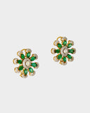 An exquisite necklace and earring set featuring oval emeralds with mutual-cut diamond centres, accented by round diamonds for timeless elegance, luxurious brilliance, and sophisticated charm. (GDNE0535)