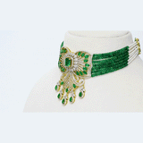A graceful choker necklace and earring set featuring emeralds and diamonds, strung with emerald beads and pearls for subtle elegance and timeless sophistication. (GDNE0538)