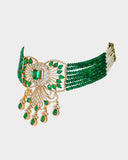 A graceful choker necklace and earring set featuring emeralds and diamonds, strung with emerald beads and pearls for subtle elegance and timeless sophistication. (GDNE0538)