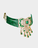 A graceful choker necklace and earring set featuring emeralds and diamonds, strung with emerald beads and pearls for subtle elegance and timeless sophistication. (GDNE0538)