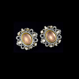A beautifully structured choker featuring blush rose quartz centers, framed with polki and round diamonds, paired with matching statement earrings. (GDNE0542)