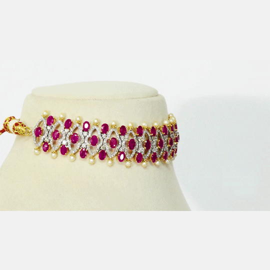 Ruby, Diamond & Pearl Choker An exquisite ruby, diamond, and pearl choker blending royal craftsmanship with contemporary elegance, creating a striking statement for every festive occasion.(GDNE0550)
