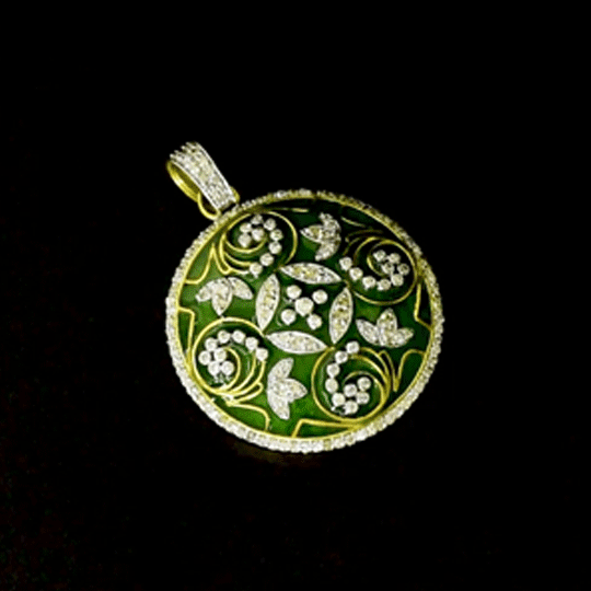 Green Enamel Diamond Pendant Set Graceful green enamel artistry adorned with sparkling diamonds creates a timeless pendant and matching tops, blending heritage craftsmanship with elegant contemporary sophistication.(GDPE0410)