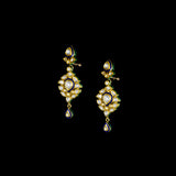 Elegant single-line necklace with matching earrings, featuring a delicate pendant, blue enameled detailing, and sparkling diamond Polki. A perfect fusion of tradition and style for graceful, standout occasions.(KMNE3466) + (kme2332)