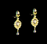 Elegant single-line necklace with matching earrings, featuring a delicate pendant, blue enameled detailing, and sparkling diamond Polki. A perfect fusion of tradition and style for graceful, standout occasions.(KMNE3466) + (kme2332)