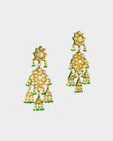 A traditional Rajasthani aad necklace and earring set crafted with diamond polki, accented by rich green stones and pearl stringing. An opulent expression of royal heritage and timeless bridal elegance. (KMNE3663)