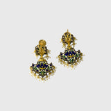 Elevate your style with this exquisite blue Meena Pankhi necklace and earring set, featuring uncut diamonds and delicate pearls. A timeless blend of traditional artistry and elegance, perfect for festive and bridal occasions.(KMNE3625) + (KME2445)