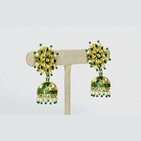 Elegant green enameled jhoomkis adorned with diamond polki and luminous pearls, blending heritage charm with modern grace. Perfect for weddings, festive occasions, and timeless luxury. (KME2457)