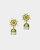 Elegant green enameled jhoomkis adorned with diamond polki and luminous pearls, blending heritage charm with modern grace. Perfect for weddings, festive occasions, and timeless luxury. (KME2457)