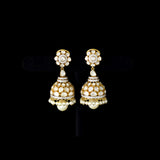Elegant fusion-style jhoomki earrings featuring sparkling round diamonds, Polki diamonds, and delicate pearls, beautifully crafted for timeless grace, festive charm, and modern traditional style.(KME2490)