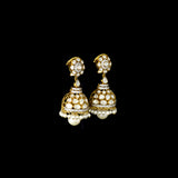 Elegant fusion-style jhoomki earrings featuring sparkling round diamonds, Polki diamonds, and delicate pearls, beautifully crafted for timeless grace, festive charm, and modern traditional style.(KME2490)