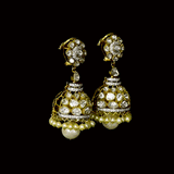 Elegant fusion-style jhoomki earrings featuring sparkling round diamonds, Polki diamonds, and delicate pearls, beautifully crafted for timeless grace, festive charm, and modern traditional style.(KME2490)