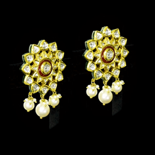 Diamond Polki & Pearl Earrings Traditional Diamond Polki earrings with red enamelled work in center, accented with lustrous pearls, beautifully crafted to reflect timeless heritage and graceful sophistication.(KME2503)
