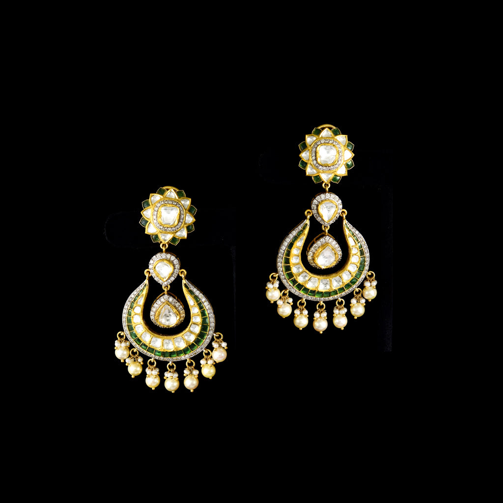Graceful fusion-style chandbali earrings adorned with Polki diamonds, round diamonds, green stones, and delicate pearls, beautifully crafted for timeless elegance, royal charm, and festive glamour.(KME2520)