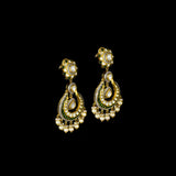 Graceful fusion-style chandbali earrings adorned with Polki diamonds, round diamonds, green stones, and delicate pearls, beautifully crafted for timeless elegance, royal charm, and festive glamour.(KME2520)