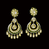 Graceful fusion-style chandbali earrings adorned with Polki diamonds, round diamonds, green stones, and delicate pearls, beautifully crafted for timeless elegance, royal charm, and festive glamour.(KME2520)