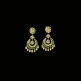 Graceful fusion-style chandbali earrings adorned with Polki diamonds, round diamonds, green stones, and delicate pearls, beautifully crafted for timeless elegance, royal charm, and festive glamour.(KME2520)