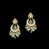 Classic white chandbali earrings adorned with shimmering Polki diamonds and delicate pearl detailing, crafted to add graceful elegance and festive beauty to your traditional look. (KME2523)