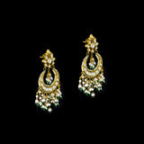 Classic white chandbali earrings adorned with shimmering Polki diamonds and delicate pearl detailing, crafted to add graceful elegance and festive beauty to your traditional look. (KME2523)