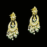 Classic white chandbali earrings adorned with shimmering Polki diamonds and delicate pearl detailing, crafted to add graceful elegance and festive beauty to your traditional look. (KME2523)