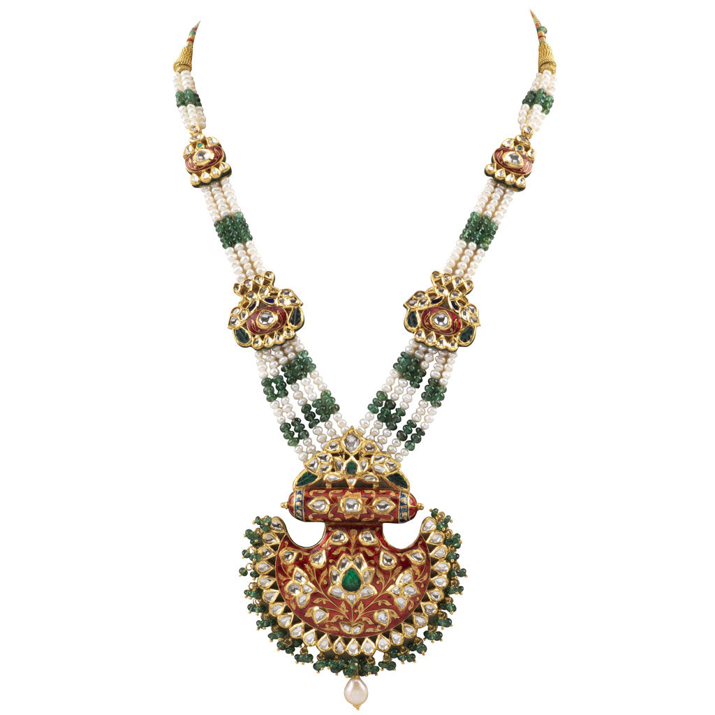 Red meena pankhi design necklace and earring pair with Diamond polki and emerald beads with pearls  KMNE3039