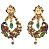 Peacock Meena Chandbali Earring Pair, meticulously crafted to enchant with intricate meenakari work depicting the regal peacock motif. Adorned with glistening uncut diamonds and lustrous pearls.(KMNE3404)