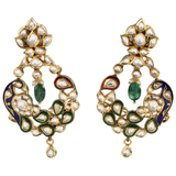 Peacock Meena Chandbali Earring Pair, meticulously crafted to enchant with intricate meenakari work depicting the regal peacock motif. Adorned with glistening uncut diamonds and lustrous pearls.(KMNE3404)