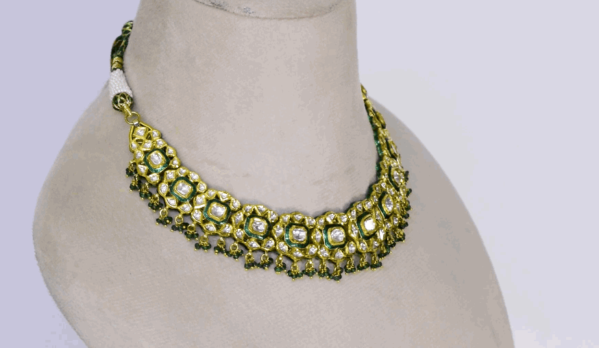 Exquisite traditional green Meenakari necklace and earring set, adorned with dazzling diamond Polki and elegant emerald bead hangings - KMNE3525