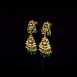 Royal Green Meenakari Polki Set A majestic green meenakari necklace with diamond polki, emerald bead and pearl hangings, paired with elegant earrings for timeless bridal grandeur and royal sophistication.(KMNE3568)