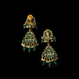 Royal Green Meenakari Polki Set A majestic green meenakari necklace with diamond polki, emerald bead and pearl hangings, paired with elegant earrings for timeless bridal grandeur and royal sophistication.(KMNE3568)