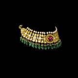 Grace your neckline with this elegant white choker necklace and tops set, featuring uncut diamonds and a striking center pink stone. A refined choice for contemporary brides and festive wear.(KMNE3576)