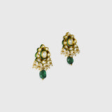 Embrace timeless elegance with this green Meena choker necklace and tops set, featuring sparkling uncut diamond polki, strung with vibrant emerald maniya and delicate pearls. Perfect for adding royal charm to any festive or bridal look.(KMNE3604)