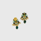 Embrace timeless elegance with this green Meena choker necklace and tops set, featuring sparkling uncut diamond polki, strung with vibrant emerald maniya and delicate pearls. Perfect for adding royal charm to any festive or bridal look.(KMNE3604)