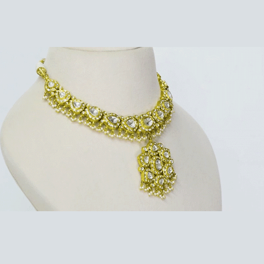 An exquisite Ekpsota necklace crafted with radiant diamond polki and lustrous pearls, offering a timeless expression of heritage elegance(KMNE3638)