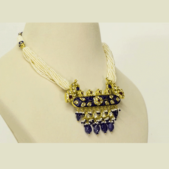 A traditional necklace crafted with diamond polki, highlighted by rich blue meena work and finished with elegant pearl stringing. Reflecting classic Indian artistry, this timeless design is perfect for weddings and festive occasions. (KMNE3639)