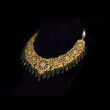 Royal Polki Bridal Necklace Set A magnificent diamond polki necklace featuring ruby detailing, emerald bead hangings, and matching statement earrings—crafted for timeless bridal elegance with regal heritage appeal.(KMNE3643)