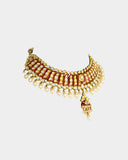 A traditional red meena cutsari necklace adorned with diamond polki and finished with pearl stringing, reflecting rich heritage and timeless elegance(KMNE3691)