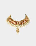 A traditional red meena cutsari necklace adorned with diamond polki and finished with pearl stringing, reflecting rich heritage and timeless elegance(KMNE3691)